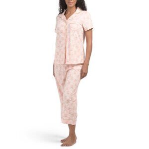POPPY & CLAY Pink 2pc Summer Peach Notch Collar Top And Capris Pajama Set